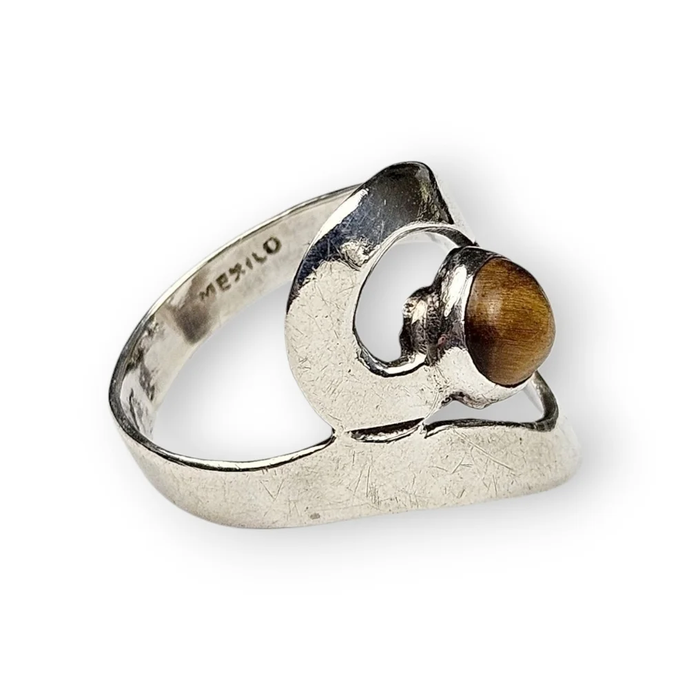 Taxco Modernist Sterling Bypass Ring Tigers Eye Wide Swirl Vtg 925 Silver 8.5